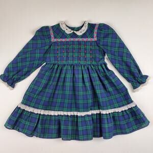 Polly Flinders Vintage Hand Smocked Dress Plaid Lace Floral Green Blue Girls 4